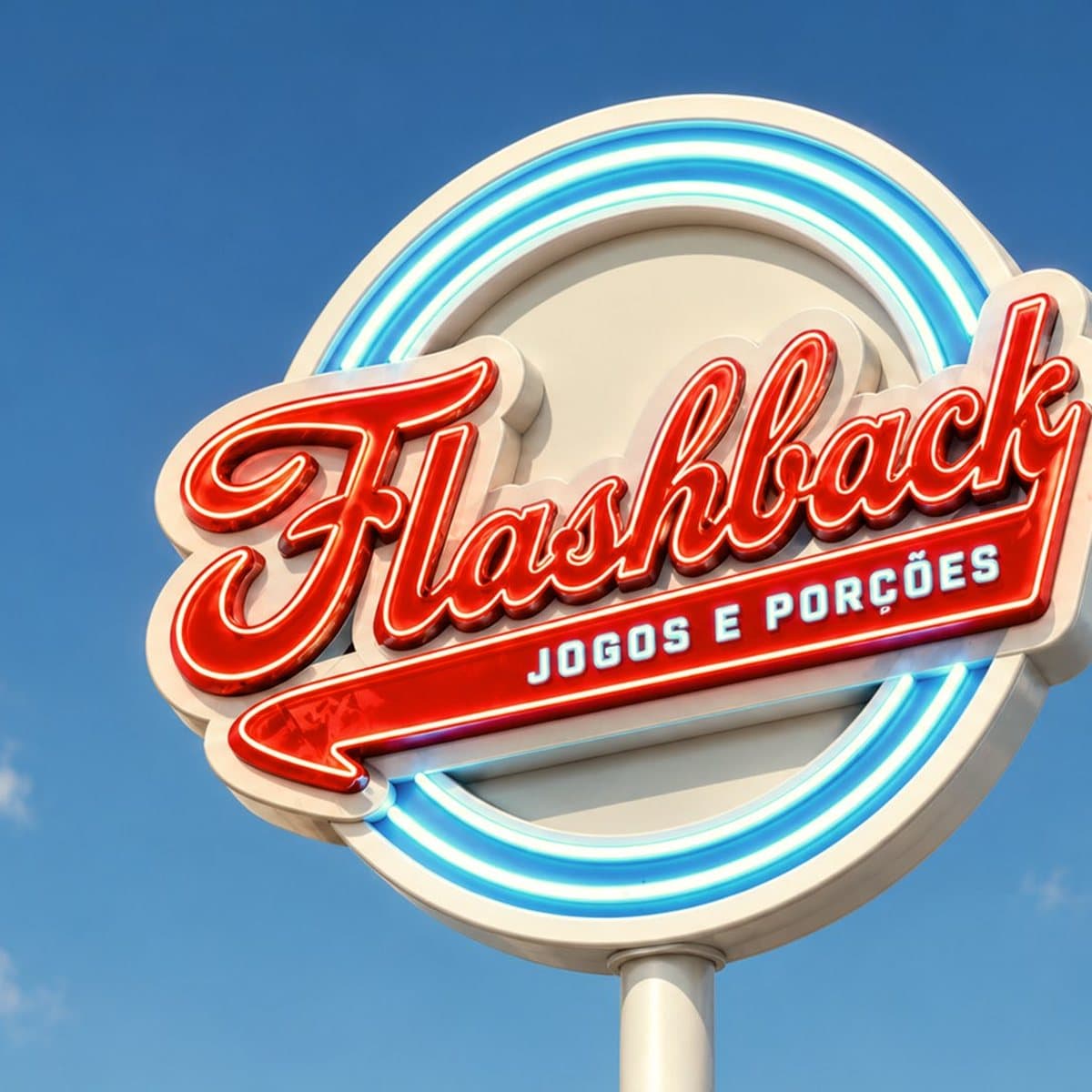 Letreiro de neon da Flashback contra o céu azul